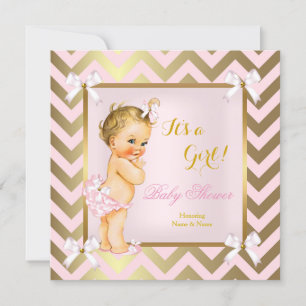 Baby shower Girl Pink Gold Chevron Blonde Kaart