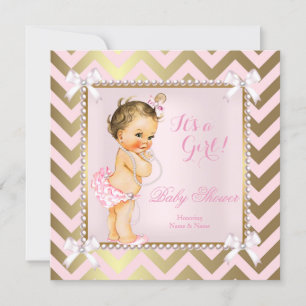 Baby shower Girl Pink Gold Chevron Brunette Kaart