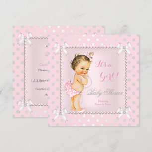 Baby shower Girl Pink Grey Pearl Brunette Kaart