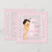 Baby shower Girl Pink Grey Polka Dot Brunette Kaart (Voorkant / Achterkant)