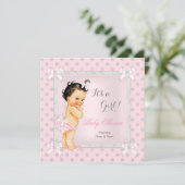 Baby shower Girl Pink Grey Polka Dot Brunette Kaart (Staand voorkant)