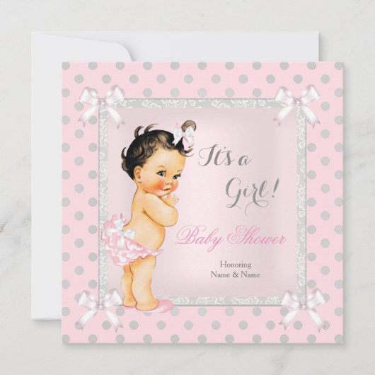 Baby shower Girl Pink Grey Polka Dot Brunette Kaart (Voorkant)