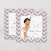 Baby shower Girl Pink Grey Stripe White Brunette Kaart (Voorkant / Achterkant)