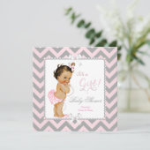 Baby shower Girl Pink Grey Stripe White Brunette Kaart (Staand voorkant)