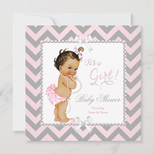 Baby shower Girl Pink Grey Stripe White Brunette Kaart (Voorkant)