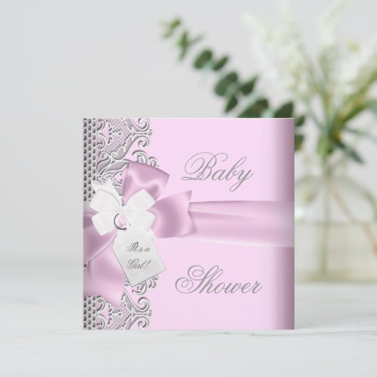 Baby shower Girl Pink Grey White Lace Kaart (Staand voorkant)
