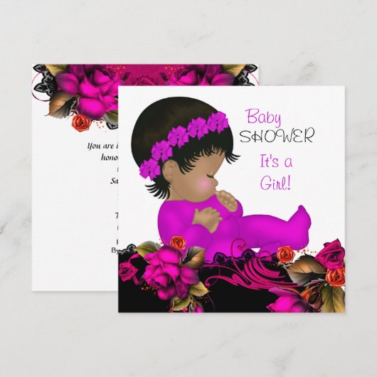 Baby shower Girl Pink Paars Roos Flowers 3b Kaart (Voorkant / Achterkant)