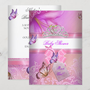 Baby shower Girl Pink Paarse Princess Butterfly 2 Kaart