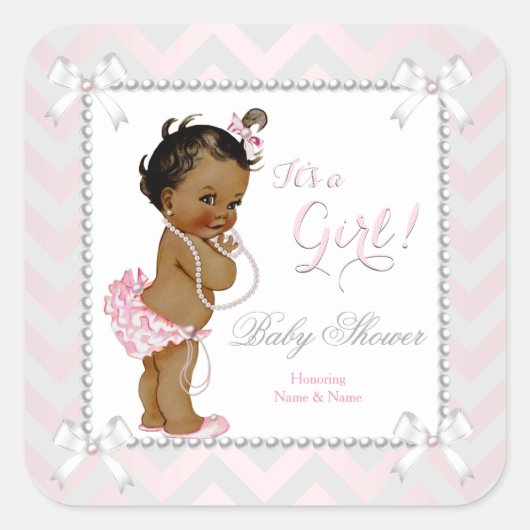 Baby shower Girl Pink Pearl Grey Ethnic Vierkante Sticker (Voorkant)