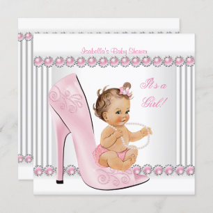 Baby shower Girl Pink Pearl High Hiel Shoes Kaart