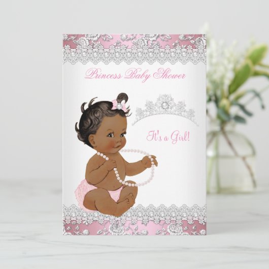 Baby shower Girl Pink Pearl Silver Roos Ethnic Kaart (Staand voorkant)