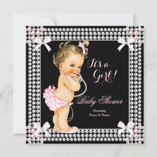 Baby shower Girl Pink Pearls Black Brunette Kaart