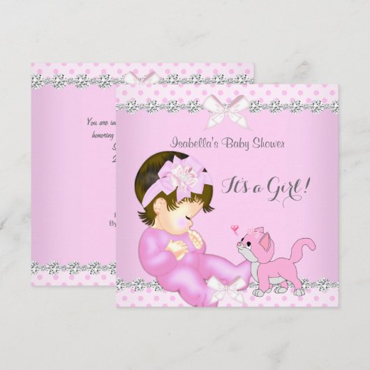  Baby shower Girl Pink Polka Dot Kitten 2 Kaart (Voorkant / Achterkant)