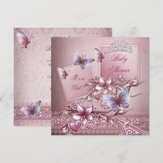 Baby shower Girl Pink Princess Butterfly Kaart (Voorkant / Achterkant)