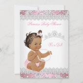 Baby shower Girl Pink Silver Roos Brunette Kaart (Voorkant)