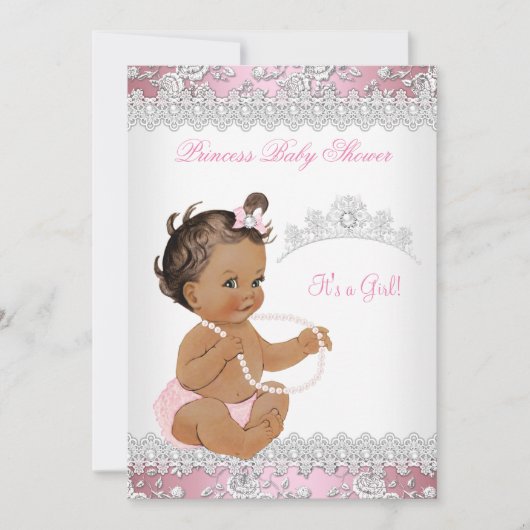 Baby shower Girl Pink Silver Roos Brunette Kaart (Voorkant)