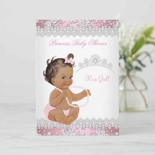 Baby shower Girl Pink Silver Roos Brunette Kaart (Staand voorkant)