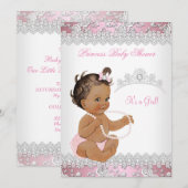 Baby shower Girl Pink Silver Roos Brunette Kaart (Voorkant / Achterkant)