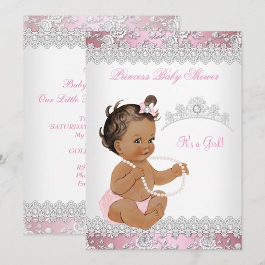 Baby shower Girl Pink Silver Roos Brunette Kaart (Voorkant / Achterkant)