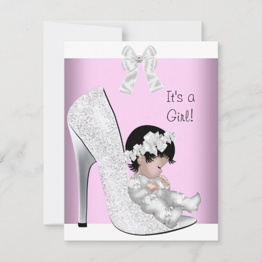 Baby shower Girl Pink Silver White Glitter Kaart (Voorkant)