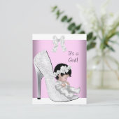 Baby shower Girl Pink Silver White Glitter Kaart (Staand voorkant)