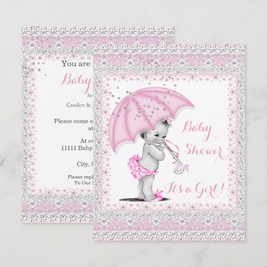  Baby shower Girl Pink Sprinkle Umbrella Kaart (Voorkant / Achterkant)