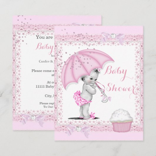 Baby shower Girl Pink Umbrella Cupcake Kaart (Voorkant / Achterkant)