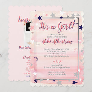 baby shower Girl Pink Waterverf Gray Moon & Stars Kaart
