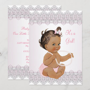 Baby shower Girl Pink White Lace Pearl Brunette Kaart