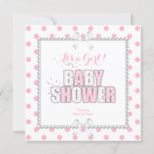 Baby shower Girl Pink White Polka Dots Pearls Kaart