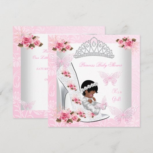 Baby shower Girl Princess Butterfly Shoe Pink Rose Kaart (Voorkant / Achterkant)
