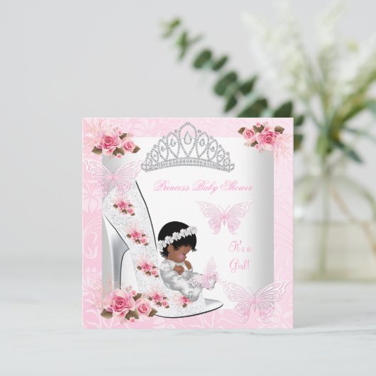 Baby shower Girl Princess Butterfly Shoe Pink Rose Kaart (Staand voorkant)