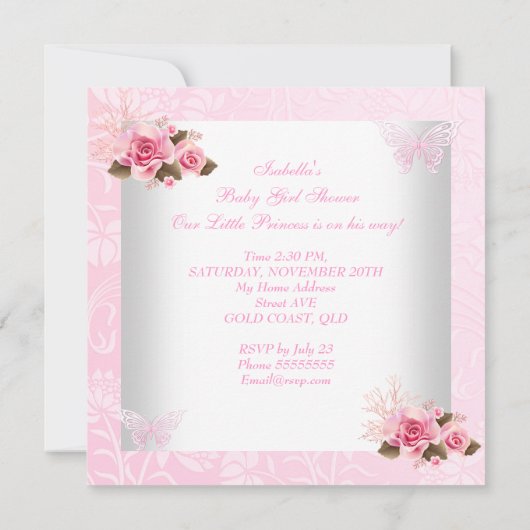 Baby shower Girl Princess Butterfly Shoe Pink Rose Kaart (Achterkant)