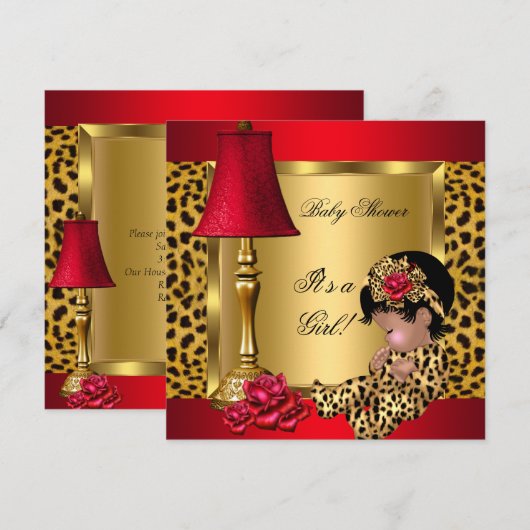 Baby shower Girl Red Gold Rozen Leopard AA Kaart (Voorkant / Achterkant)
