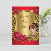 Baby shower Girl Red Gold Rozen Leopard Kaart (Staand voorkant)