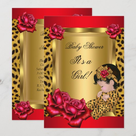 Baby shower Girl Red Gold Rozen Leopard Kaart (Voorkant / Achterkant)