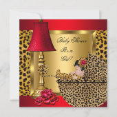 Baby shower Girl Red Gold Rozen Leopard Pram Kaart (Voorkant)