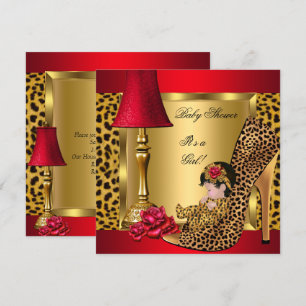 Baby shower Girl Red Gold Rozen Leopard Shoe 1 Kaart