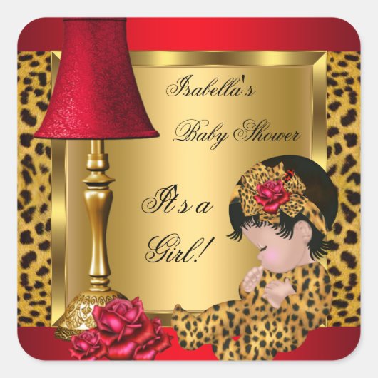 Baby shower Girl Red Gold Rozen Leopard Vierkante Sticker (Voorkant)