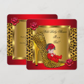 Baby shower Girl Red Roses Gold Wild Leopard 3 Kaart (Voorkant / Achterkant)