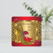 Baby shower Girl Red Roses Gold Wild Leopard 3 Kaart (Staand voorkant)
