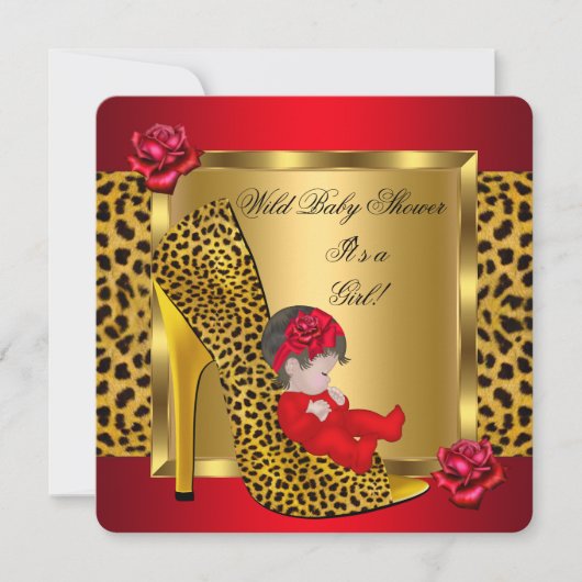 Baby shower Girl Red Roses Gold Wild Leopard 3 Kaart (Voorkant)