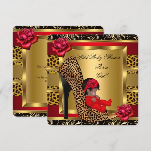 Baby shower Girl Red Roses Gold Wild Leopard 3 Kaart (Voorkant / Achterkant)