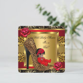Baby shower Girl Red Roses Gold Wild Leopard 3 Kaart (Staand voorkant)