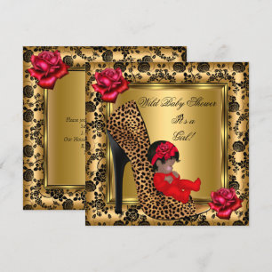Baby shower Girl Red Roses Gold Wild Leopard 4 Kaart