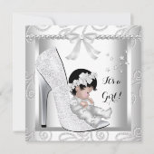 Baby shower Girl Silver Grey Diamond Shoe Kaart (Voorkant)