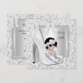 Baby shower Girl Silver White Glitter Shoe Kaart (Voorkant / Achterkant)