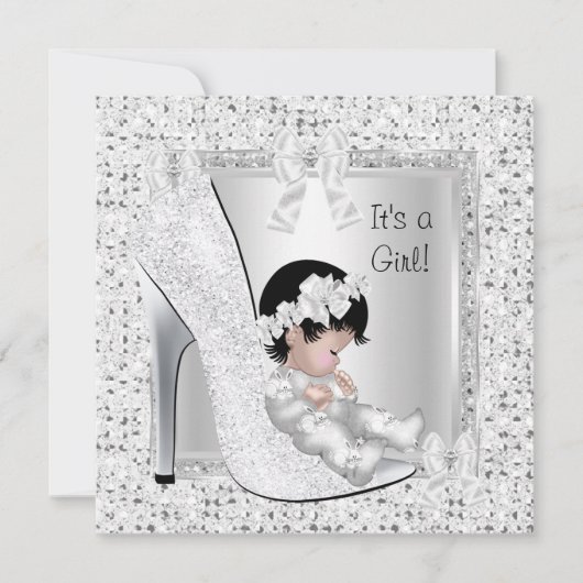 Baby shower Girl Silver White Glitter Shoe Kaart (Voorkant)