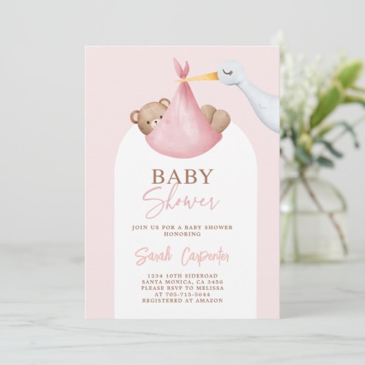 Baby shower Girl Stork Invitation Kaart (Staand voorkant)