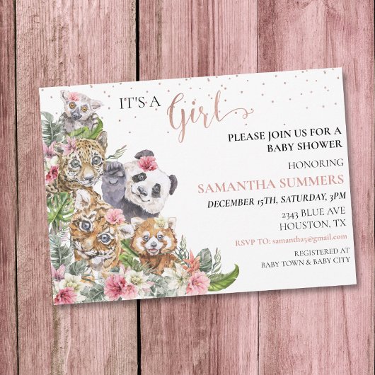 Baby shower Girl Tropical Cute Oerwouden Animals Kaart